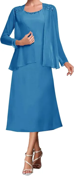 Mother of The Bride Dresses Tea Length Evening Formal Dress Tiered Wedding Guest Groom Dress Beaded Chiffon Jacket
