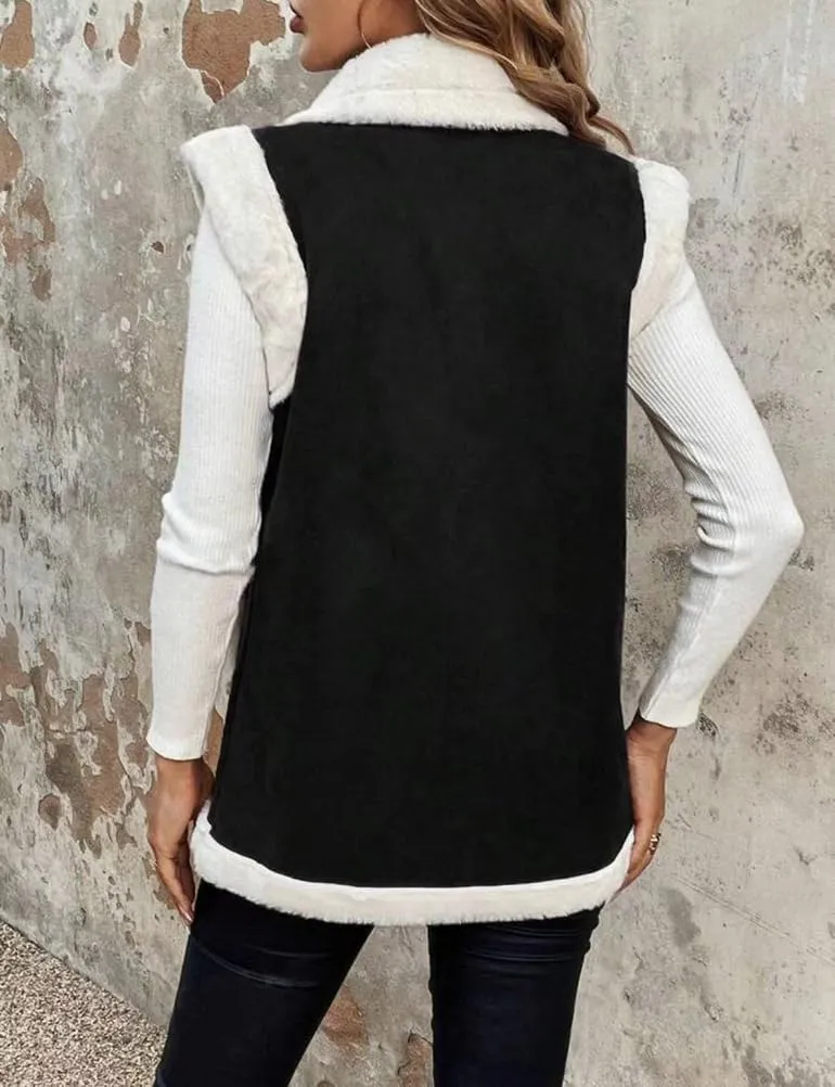 Mywinway Sherpa Vest Womens Fall Winter Faux Fur Suede Leather Vest Jacket Sleeveless Lambswool Fur Warm Coat