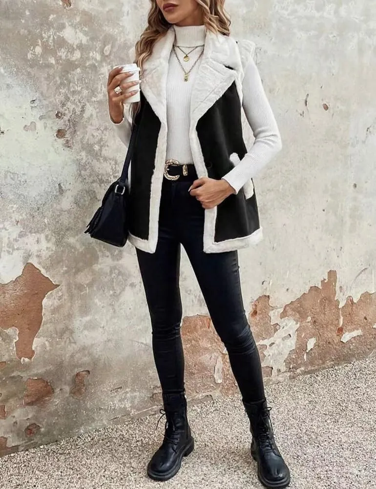 Mywinway Sherpa Vest Womens Fall Winter Faux Fur Suede Leather Vest Jacket Sleeveless Lambswool Fur Warm Coat