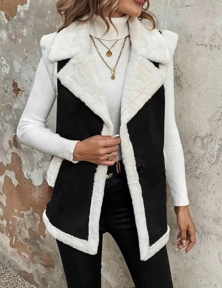 Mywinway Sherpa Vest Womens Fall Winter Faux Fur Suede Leather Vest Jacket Sleeveless Lambswool Fur Warm Coat