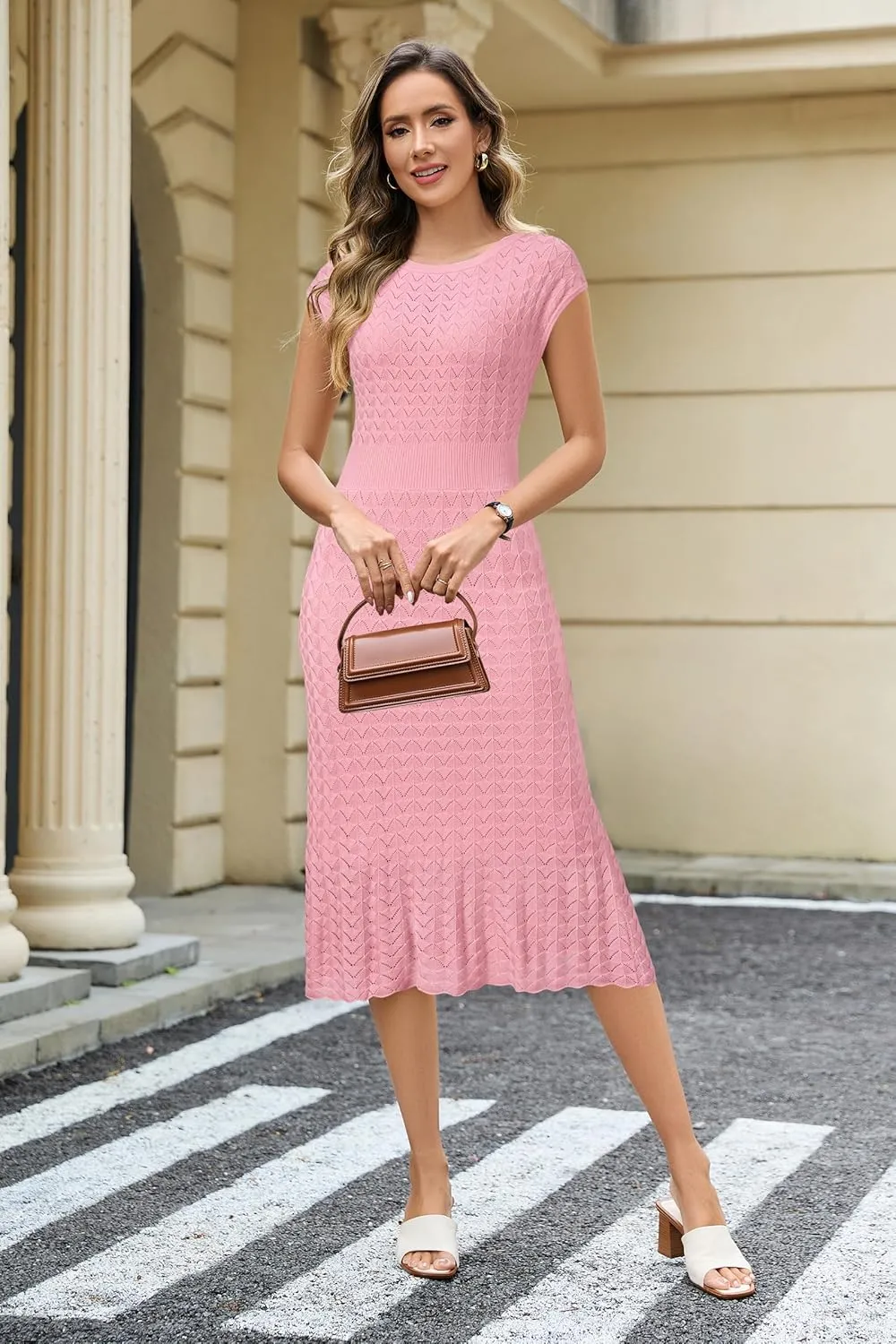 Newshows Women Summer 2025 Teacher Outfits Work Midi Boat Neck Cap Sleeve Hollow Knit Modest Business Casual Dress