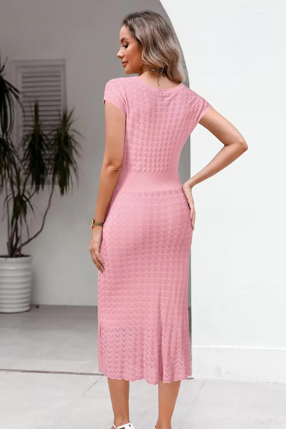 Newshows Women Summer 2025 Teacher Outfits Work Midi Boat Neck Cap Sleeve Hollow Knit Modest Business Casual Dress