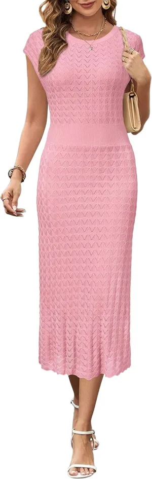 Newshows Women Summer 2025 Teacher Outfits Work Midi Boat Neck Cap Sleeve Hollow Knit Modest Business Casual Dress