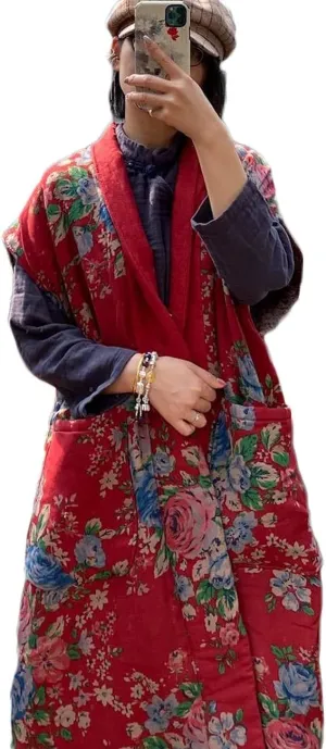 NFYM Women Autumn Sleeveless Vests Cotton Print Floral Long Vests Chinese Vintage Patchwork Waistcoat