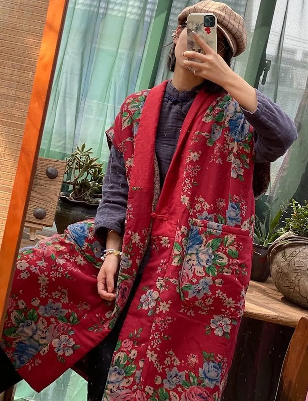 NFYM Women Autumn Sleeveless Vests Cotton Print Floral Long Vests Chinese Vintage Patchwork Waistcoat