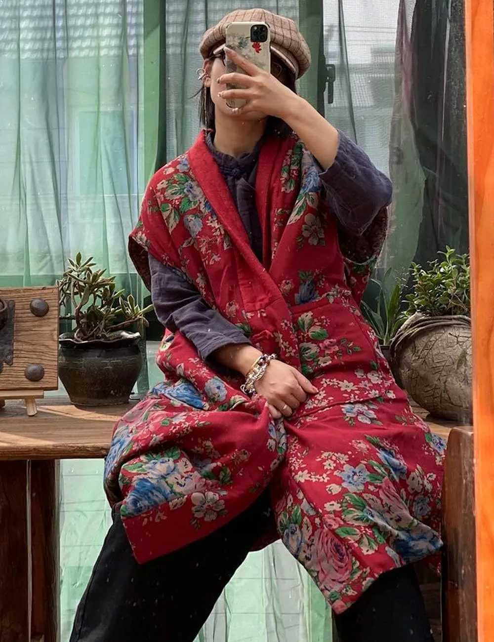 NFYM Women Autumn Sleeveless Vests Cotton Print Floral Long Vests Chinese Vintage Patchwork Waistcoat