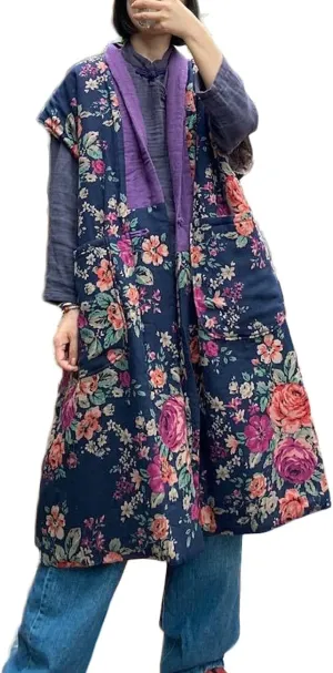 NFYM Women Autumn Sleeveless Vests Cotton Print Floral Long Vests Chinese Vintage Patchwork Waistcoat