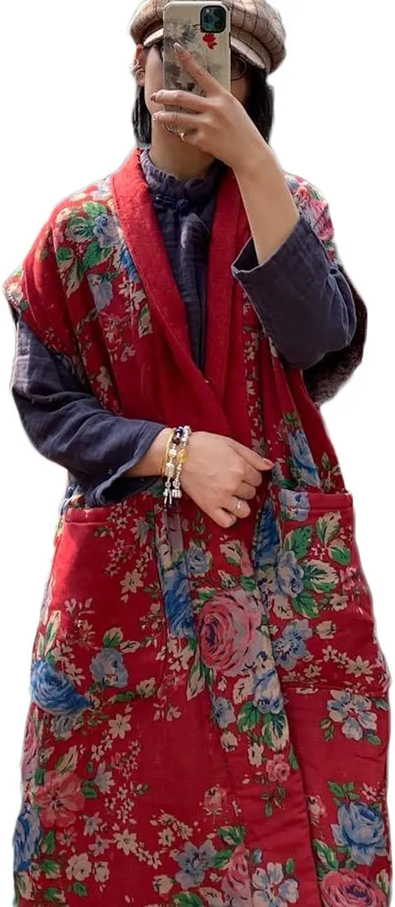 NFYM Women Autumn Sleeveless Vests Cotton Print Floral Long Vests Chinese Vintage Patchwork Waistcoat
