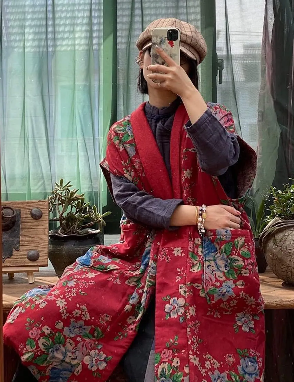 NFYM Women Autumn Sleeveless Vests Cotton Print Floral Long Vests Chinese Vintage Patchwork Waistcoat