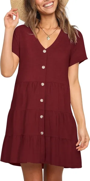 Nova In Sky Women's Summer Dresses 2025 Short Sleeve V-Neck Casual Loose Swing Button Down Casual T Shirt Dresses