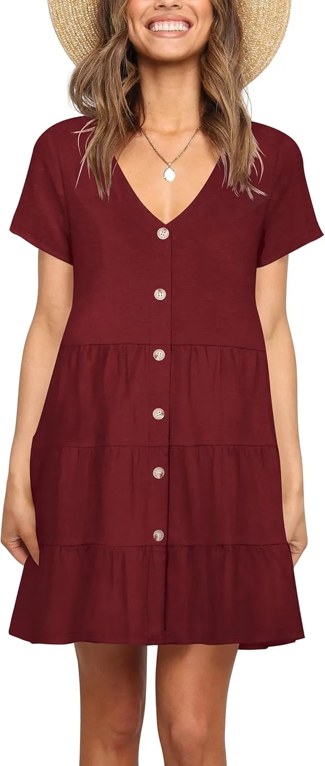 Nova In Sky Women's Summer Dresses 2025 Short Sleeve V-Neck Casual Loose Swing Button Down Casual T Shirt Dresses