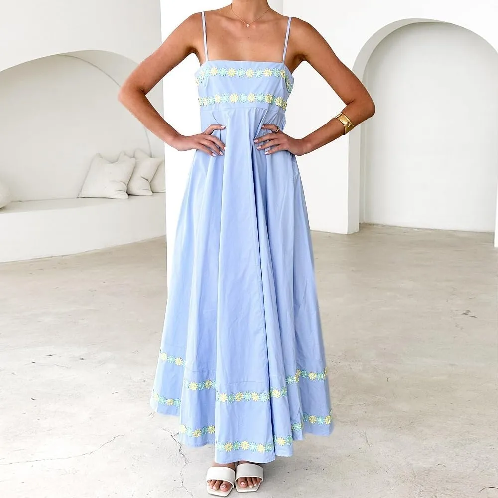 NUFIWI Women Boho Spaghetti Strap Graffiti Cami Long Dress Cute Flowy Swing Maxi Dress Colorful A Line Sundress