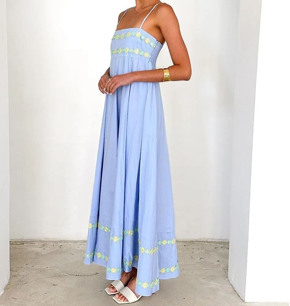NUFIWI Women Boho Spaghetti Strap Graffiti Cami Long Dress Cute Flowy Swing Maxi Dress Colorful A Line Sundress
