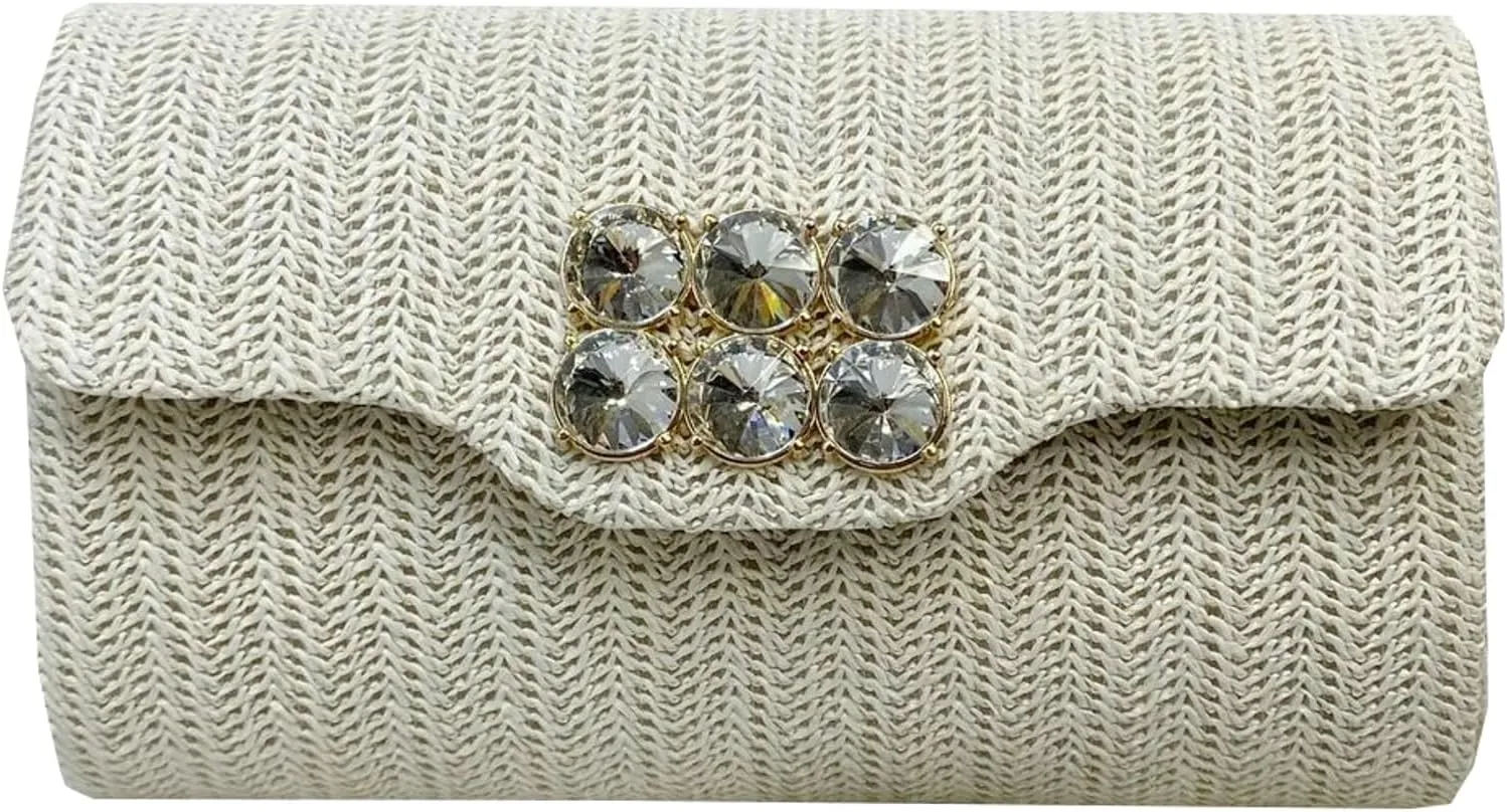 Obosoyo 2025 Straw Clutch Purse Evening Bag Summer Beach Vacation Envelope Rhinestone Buckle Handbag Wedding Party