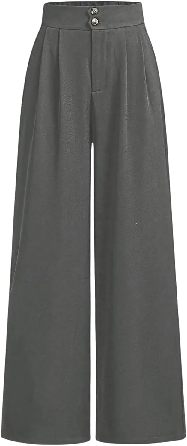 OYOANGLE Girl's Button Down Elastic High Waist Wide Leg Pants Casual Solid Trousers with Pockets