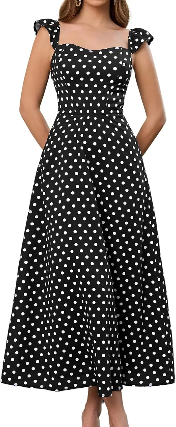 Parthea Women's Floral Midi Dress Flutter Sleeve Smocked A Line Long Flowy Casual Boho Party Going Out Maxi Dresses