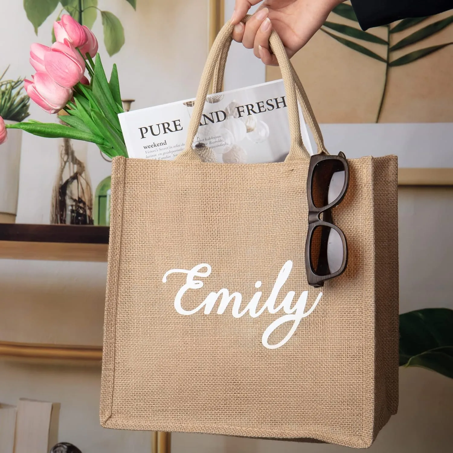 Personalized Jute Tote Bag, Reusable Burlap Canvas Bag with Handles Gift for Bridesmaid Wedding, Market Grocery Shopping, Bachelorette Party, Beach Trip (Style1)