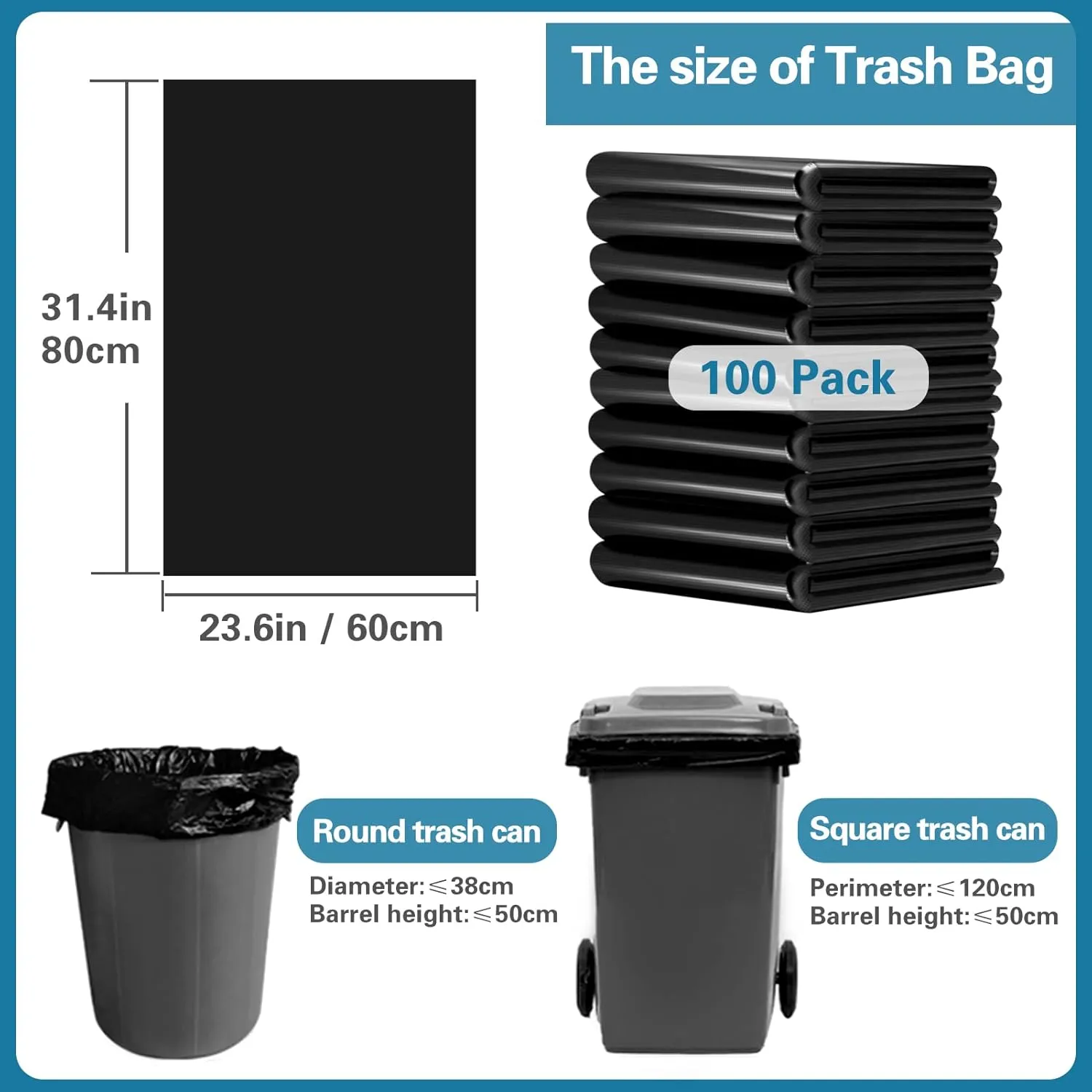 PetsHome Garbage Bags 13 Gallon Trash Bags 100 Count [Extra Thick][Leak Proof] Tall Kitchen Rubbish Bags Trash Can Liners for Kitchen, Home, Office, School, Hotel, Courtyard, Parties-Black