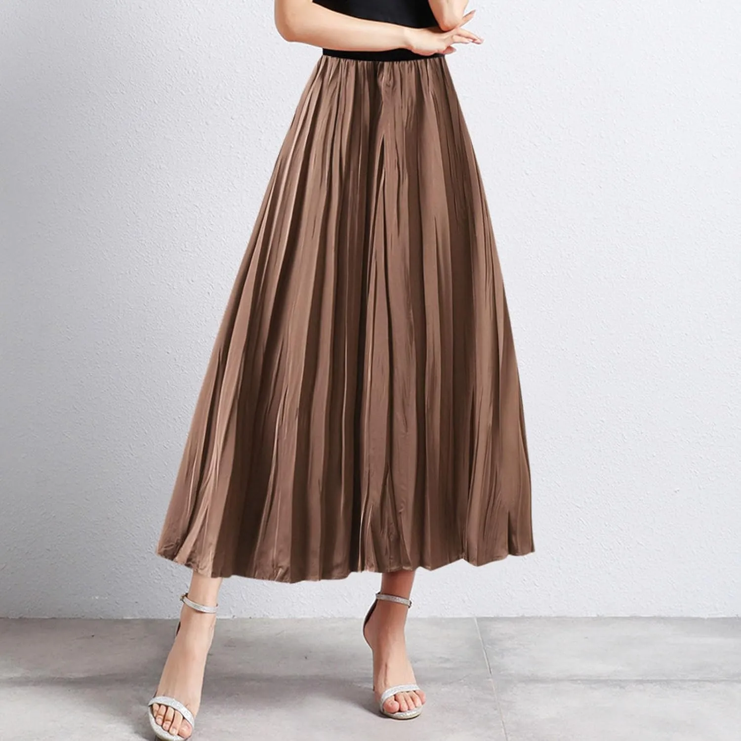 Pleated Midi Skirts for Women 2025 Summer Solid Color Flowy Swing A-Line Elastic Waisted Long Skirt