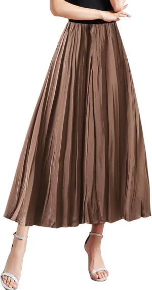 Pleated Midi Skirts for Women 2025 Summer Solid Color Flowy Swing A-Line Elastic Waisted Long Skirt