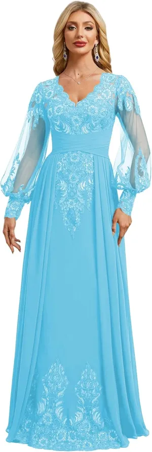 Pleated Mother of Bride Dresses Long Sleeve Chiffon Prom Dresses V-Neck Sequin Formal Evening Party Gown