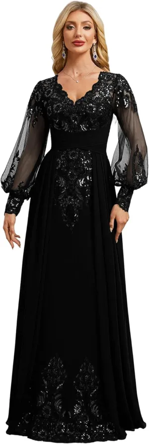 Pleated Mother of Bride Dresses Long Sleeve Chiffon Prom Dresses V-Neck Sequin Formal Evening Party Gown
