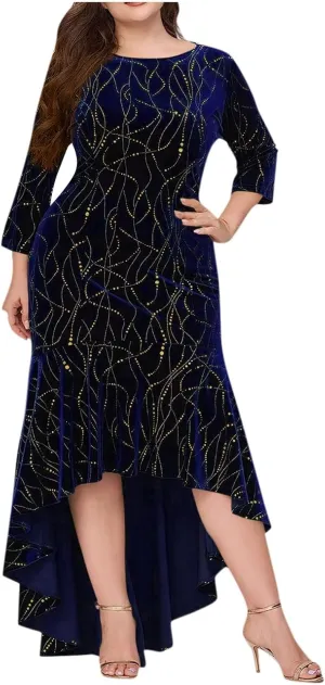 Plus Size Dresses for Curvy Women,2025 Elegant 3/4 Sleeve Velvet Formal Dress Flowy Mermaid High Low Hem Maxi Dress
