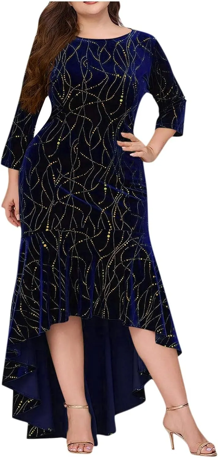 Plus Size Dresses for Curvy Women,2025 Elegant 3/4 Sleeve Velvet Formal Dress Flowy Mermaid High Low Hem Maxi Dress