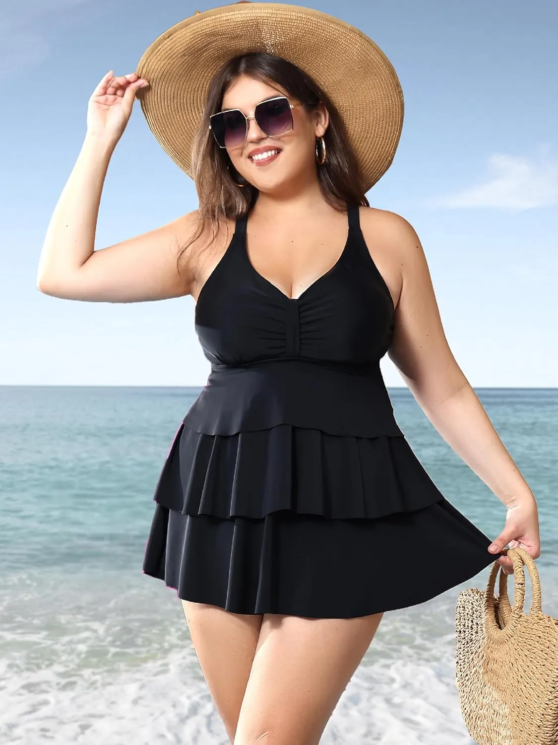 Plus Size Tankini Swimsuits for Women 2025 Tummy Control Two Piece Bathing Suits Ruffle Swim Tops with Bottoms