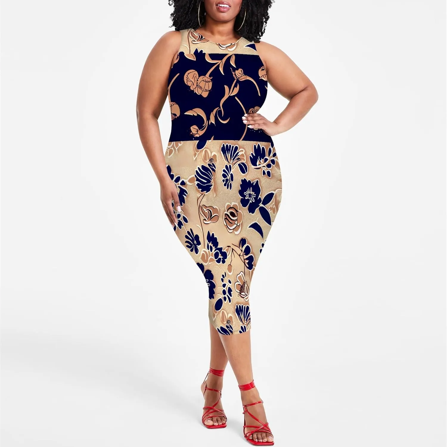 Plus Size Womens Summer Casual Sexy Sleeveless Bodycon Dress Basic Pencil Midi Club Dresses Beach Party XL-6XL