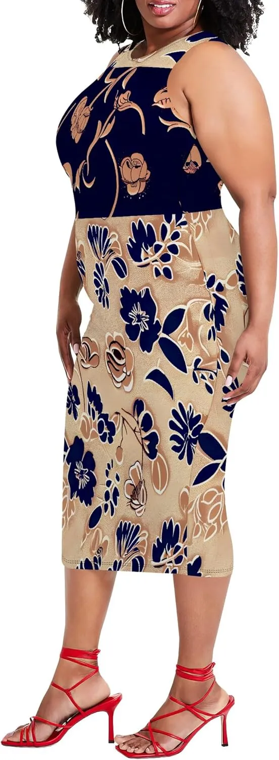 Plus Size Womens Summer Casual Sexy Sleeveless Bodycon Dress Basic Pencil Midi Club Dresses Beach Party XL-6XL