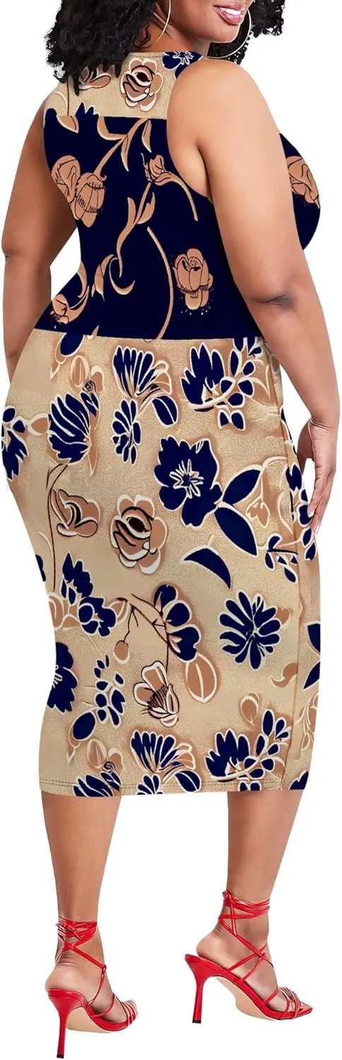 Plus Size Womens Summer Casual Sexy Sleeveless Bodycon Dress Basic Pencil Midi Club Dresses Beach Party XL-6XL