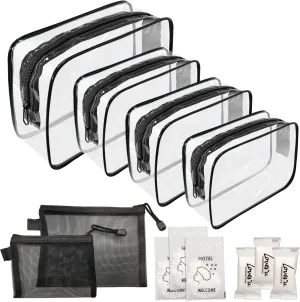 POQOD 6 Pack TSA Approved Clear Travel Toiletry Bag, Portable Travel Makeup Bag With Zipper, Carry On Airport Airline Clear Make up Bag for Toiletries, Black