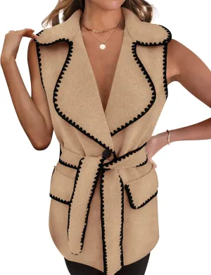 PRETTYGARDEN Women's 2025 Tweed Vest Jackets Sleeveless Lapel Button Front Belt Color Block Winter Cardigan Outerwear