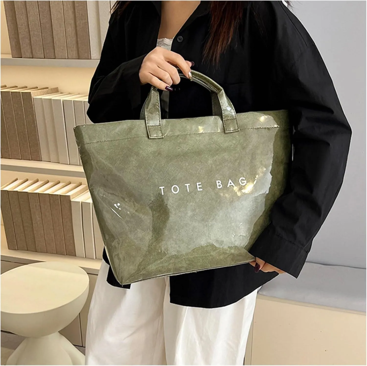 PVC Tote Bags for Women Letter Print Kraft Paper Plastic Tote Bags with Handles Clear Plastic Handbag Shopping Bag