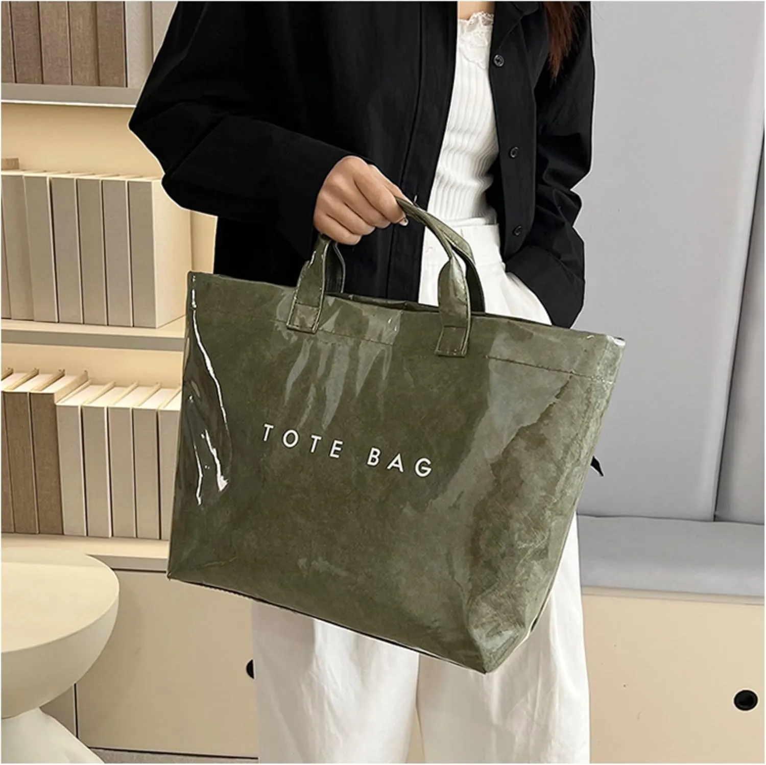 PVC Tote Bags for Women Letter Print Kraft Paper Plastic Tote Bags with Handles Clear Plastic Handbag Shopping Bag