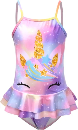 QPANCY One Piece Swimsuits for Girl Ruffle Unicorn Bathing Suits Strap Swimwear