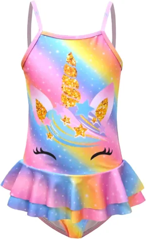 QPANCY One Piece Swimsuits for Girl Ruffle Unicorn Bathing Suits Strap Swimwear