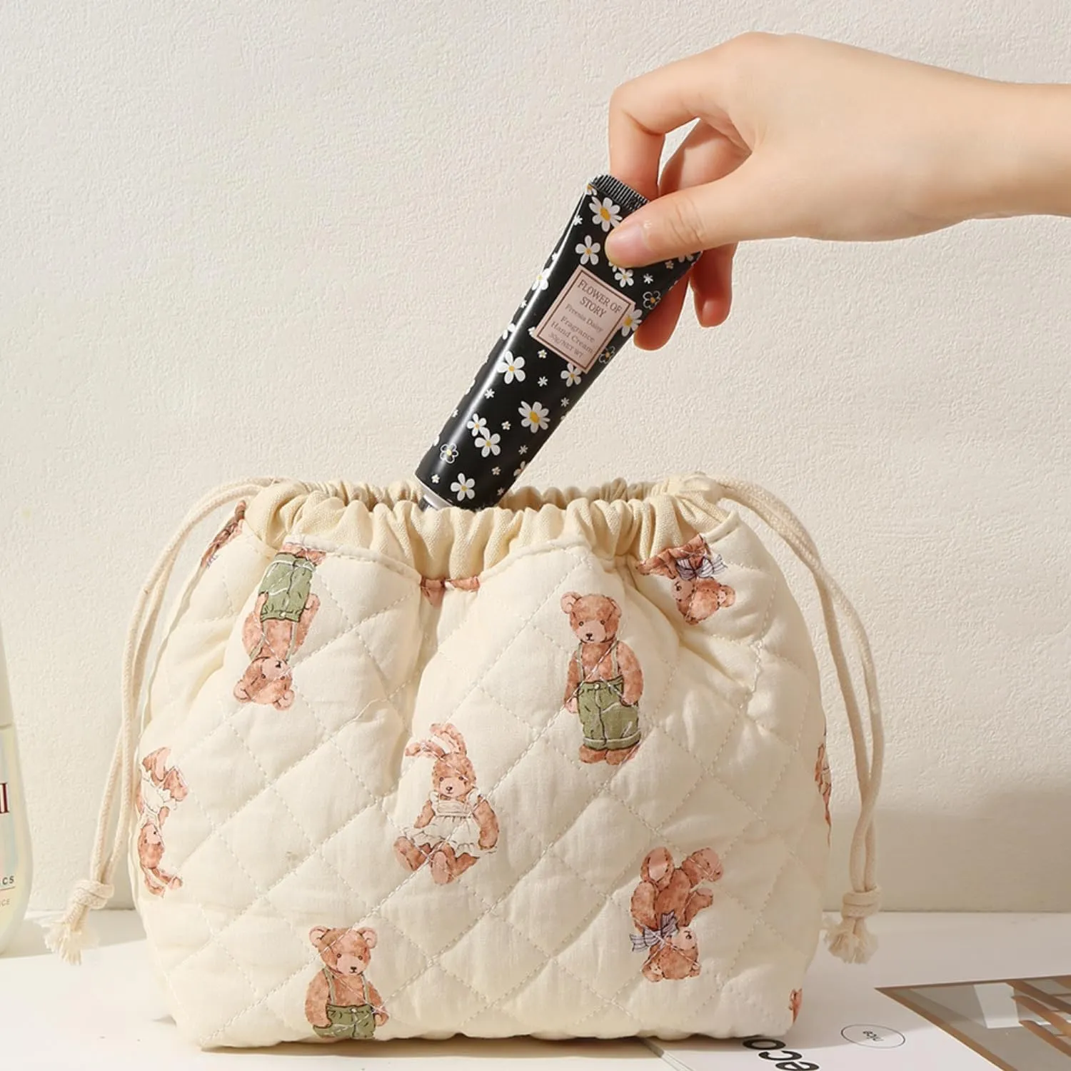 Quilted Drawstring Makeup Bag with Canvas Lining, Floral Coquette Aesthetic Cute Cotton Travel Toiletry Bag for Women and Girls (Bear)