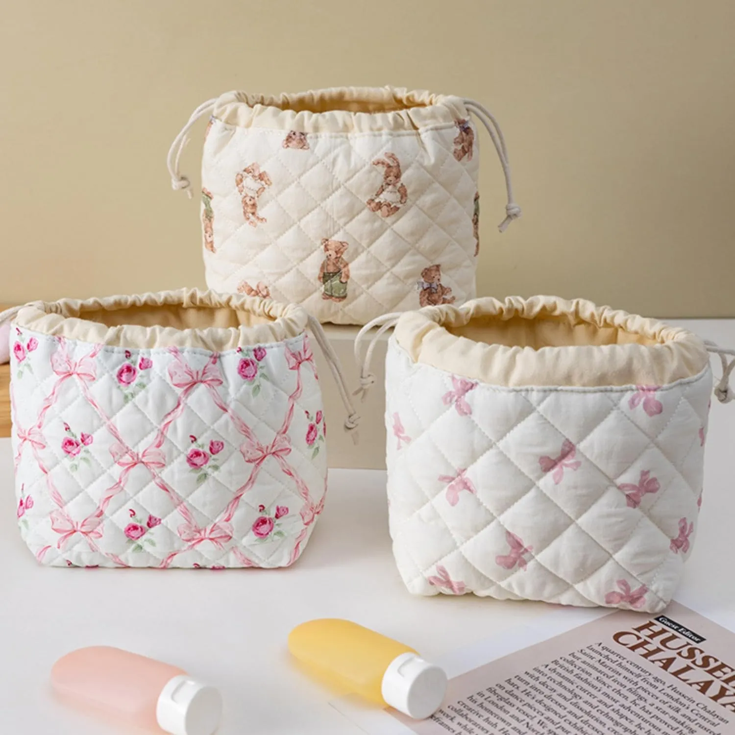 Quilted Drawstring Makeup Bag with Canvas Lining, Floral Coquette Aesthetic Cute Cotton Travel Toiletry Bag for Women and Girls (Bear)