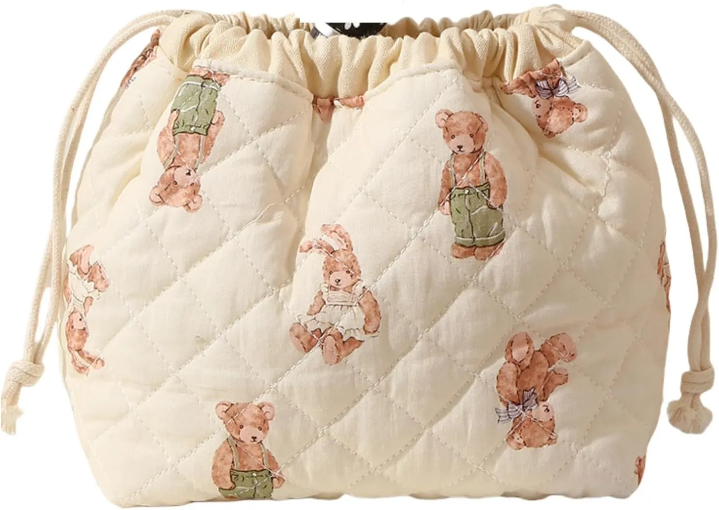 Quilted Drawstring Makeup Bag with Canvas Lining, Floral Coquette Aesthetic Cute Cotton Travel Toiletry Bag for Women and Girls (Bear)