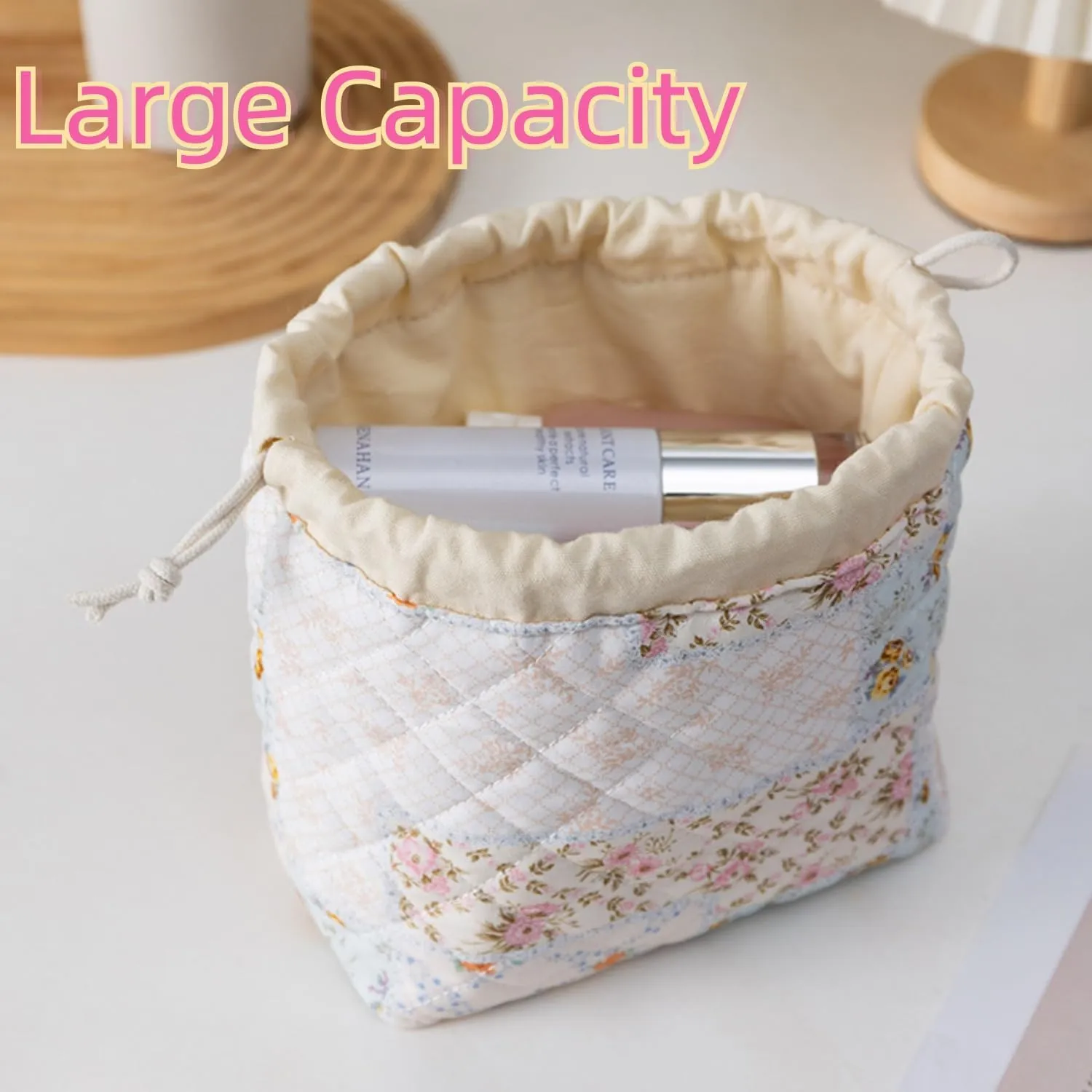 Quilted Drawstring Makeup Bag with Canvas Lining, Floral Coquette Aesthetic Cute Cotton Travel Toiletry Bag for Women and Girls (Bear)