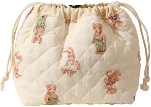 Quilted Drawstring Makeup Bag with Canvas Lining, Floral Coquette Aesthetic Cute Cotton Travel Toiletry Bag for Women and Girls (Bear)