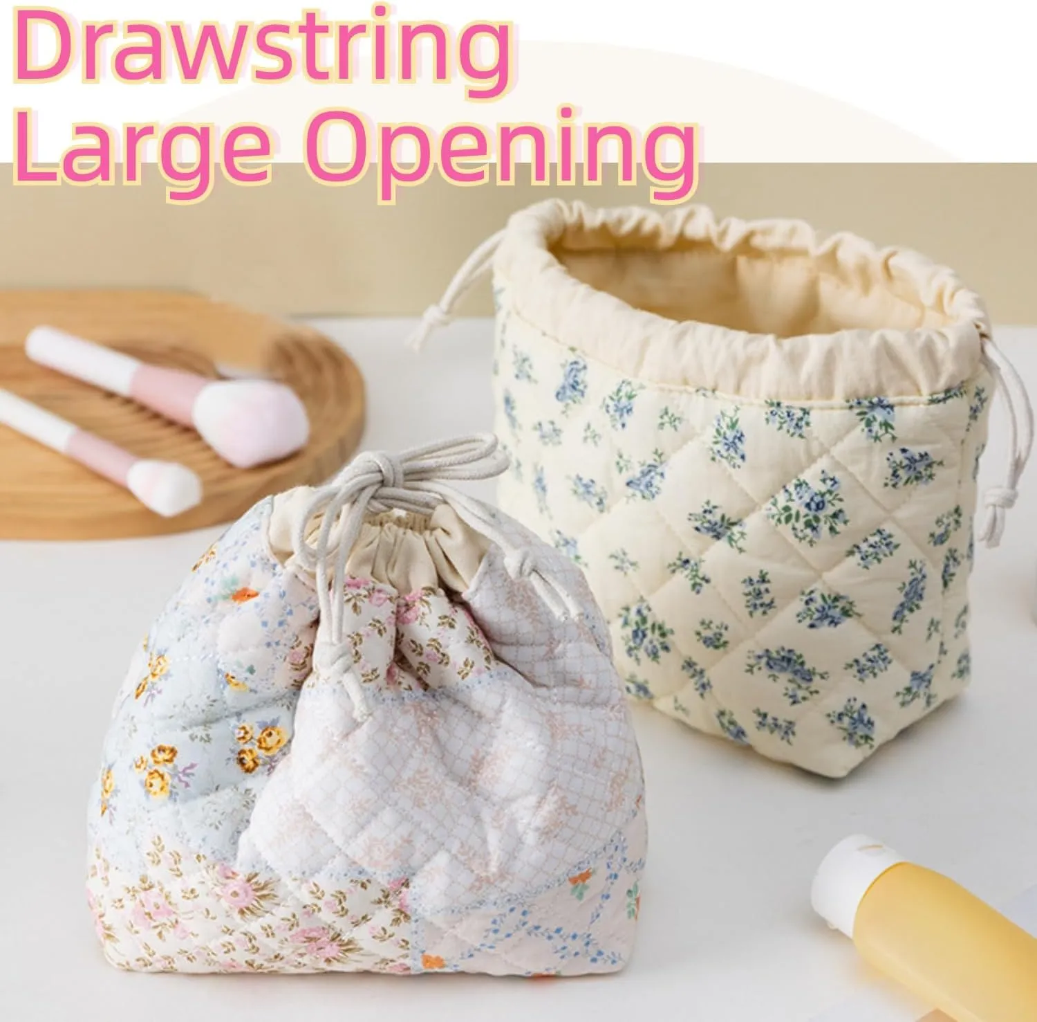 Quilted Drawstring Makeup Bag with Canvas Lining, Floral Coquette Aesthetic Cute Cotton Travel Toiletry Bag for Women and Girls (Bear)