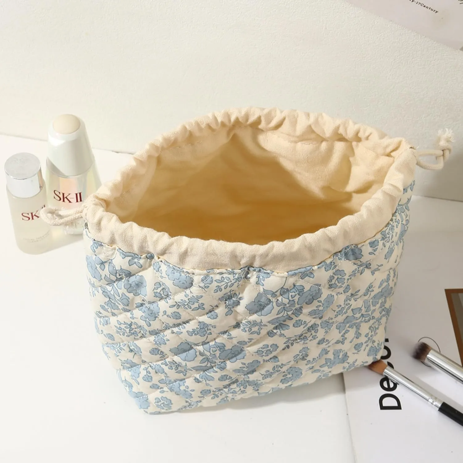 Quilted Drawstring Makeup Bag with Canvas Lining, Floral Coquette Aesthetic Cute Cotton Travel Toiletry Bag for Women and Girls (Bear)