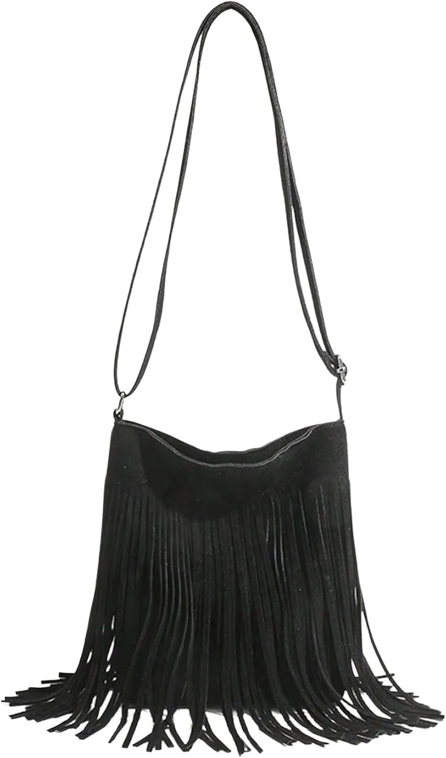 QWINEE Women's Fringe Hobo Bags Tassel Vintage Suede Crossbody Bag Shoulder Bags