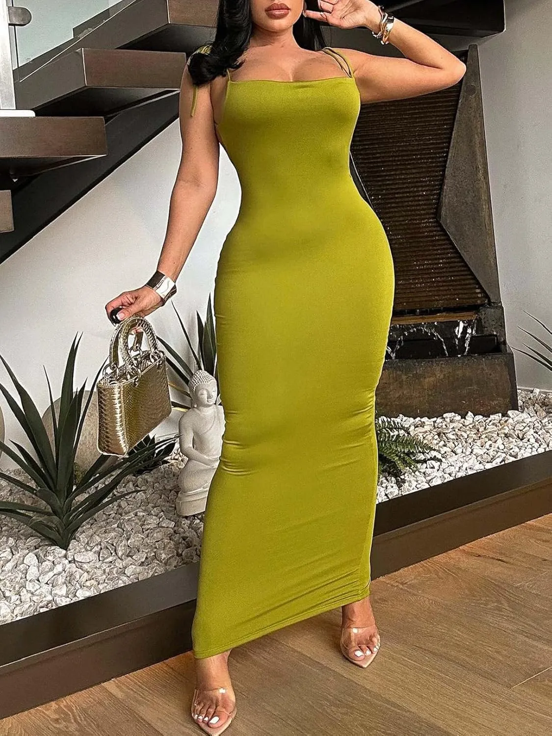 Remelon Summer Bodycon Maxi Dress for Women Sleeveless Tie Up Backless Ruched Skims Slip Long Dress Beach Sundress Party