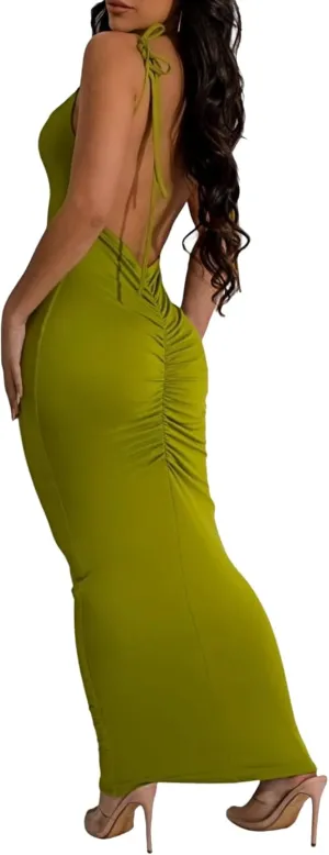 Remelon Summer Bodycon Maxi Dress for Women Sleeveless Tie Up Backless Ruched Skims Slip Long Dress Beach Sundress Party