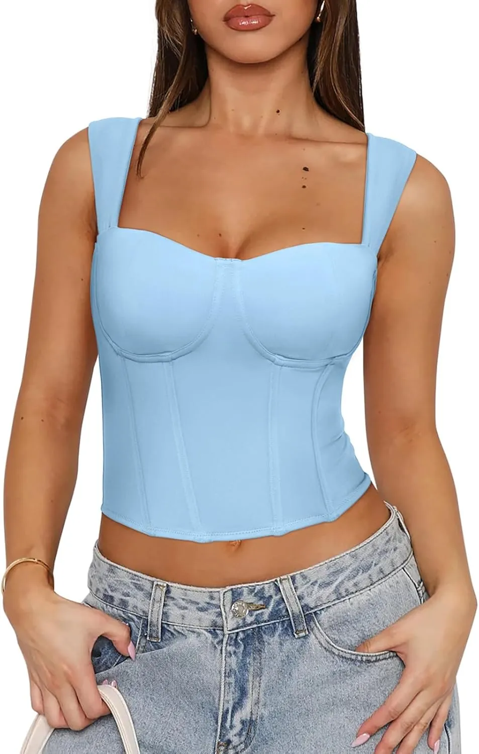 REORIA Womens Sleeveless Sweetheart Neck Bustier Corset Back Zipper Y2K Going Out Crop Tops 2025 Trendy