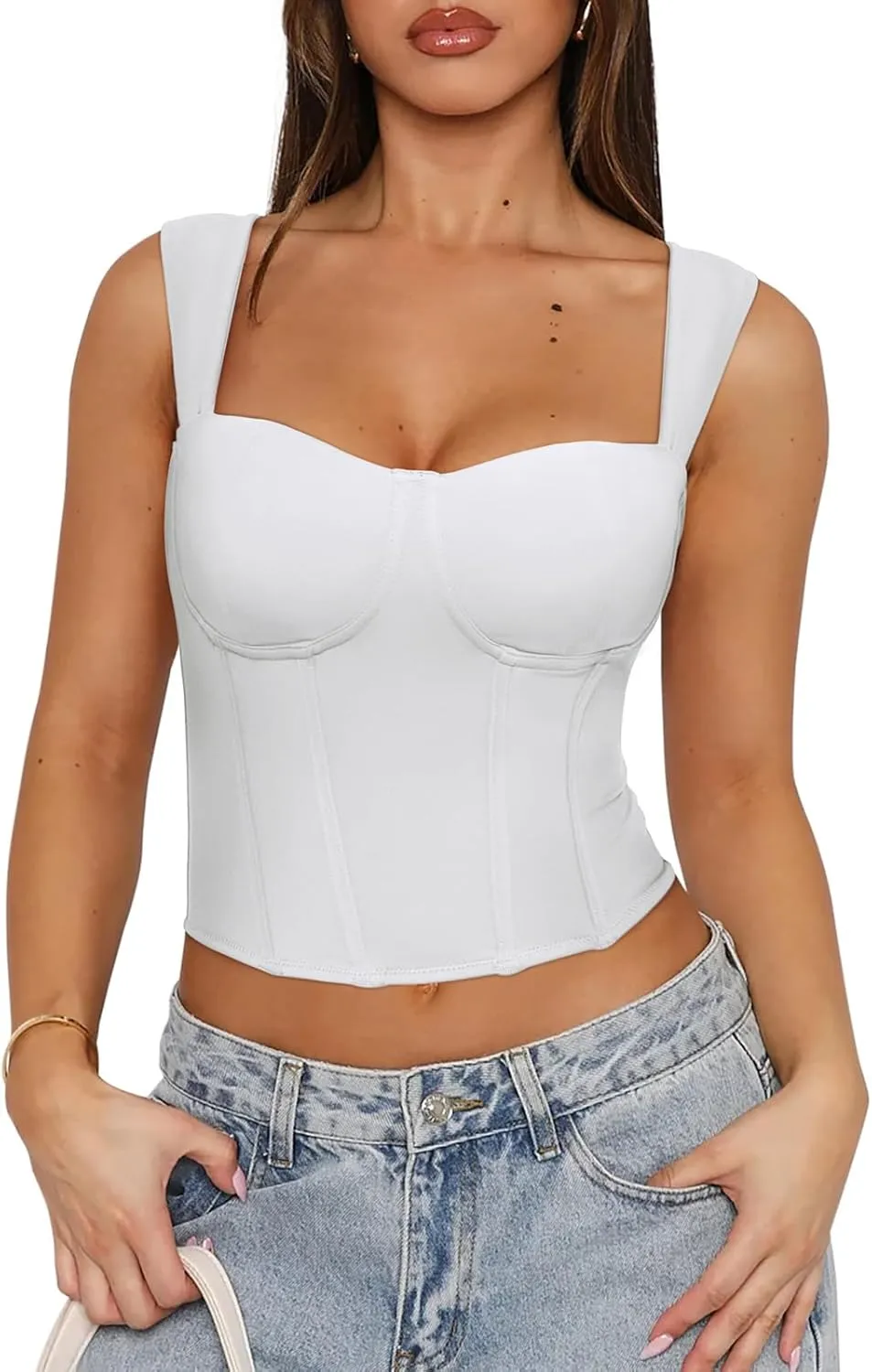 REORIA Womens Sleeveless Sweetheart Neck Bustier Corset Back Zipper Y2K Going Out Crop Tops 2025 Trendy